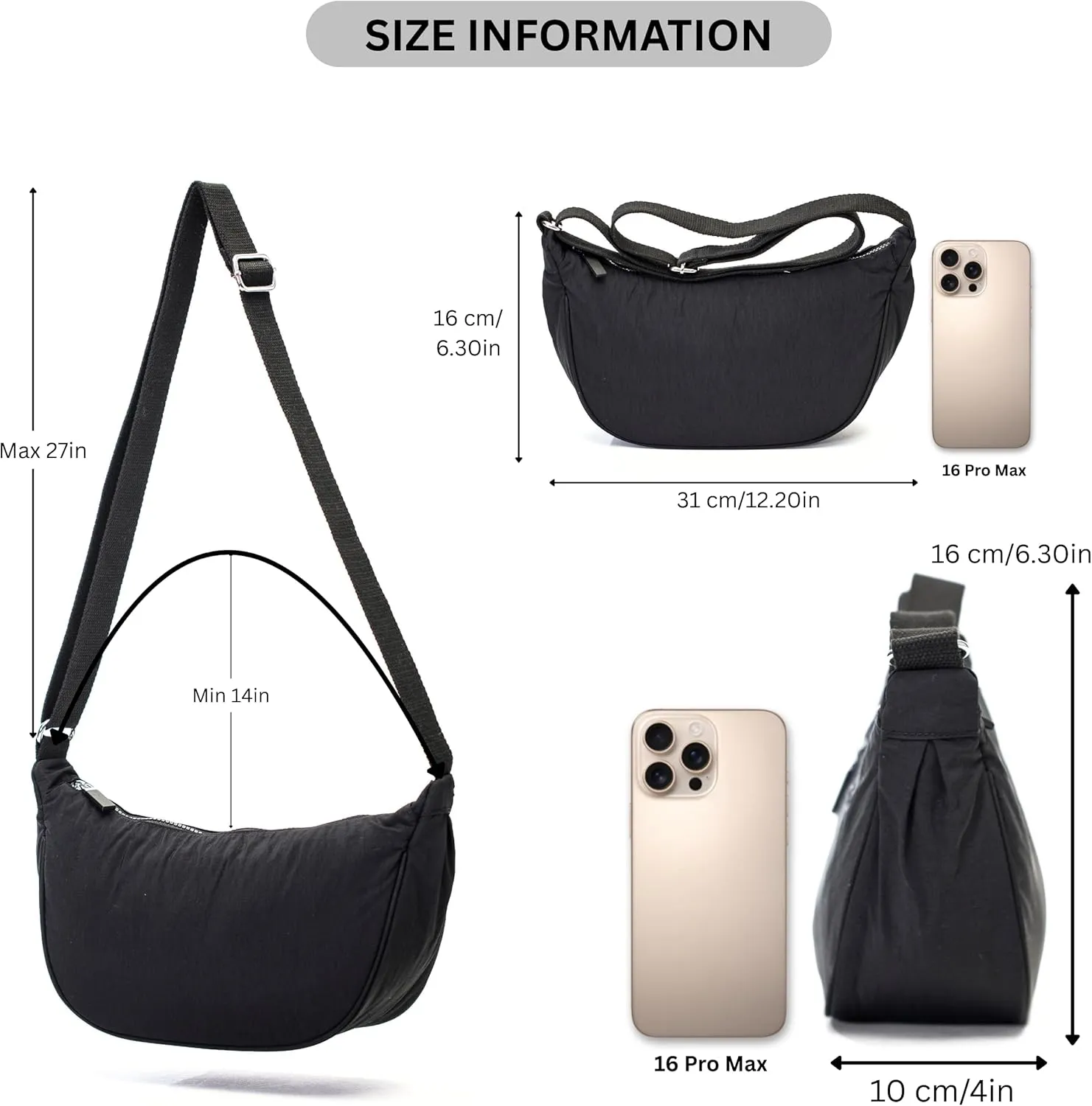 Sky Crescent Shoulder Bag for Women  Lightweight Fabric Crossbody Hobo Sling Purse with Zip Pocket  Sky