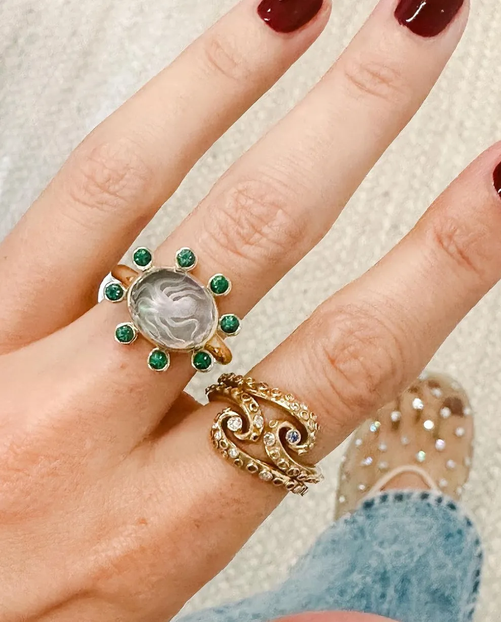 Small Octopus Caspian Ring- Grey Mother-of-Pearl and Emerald