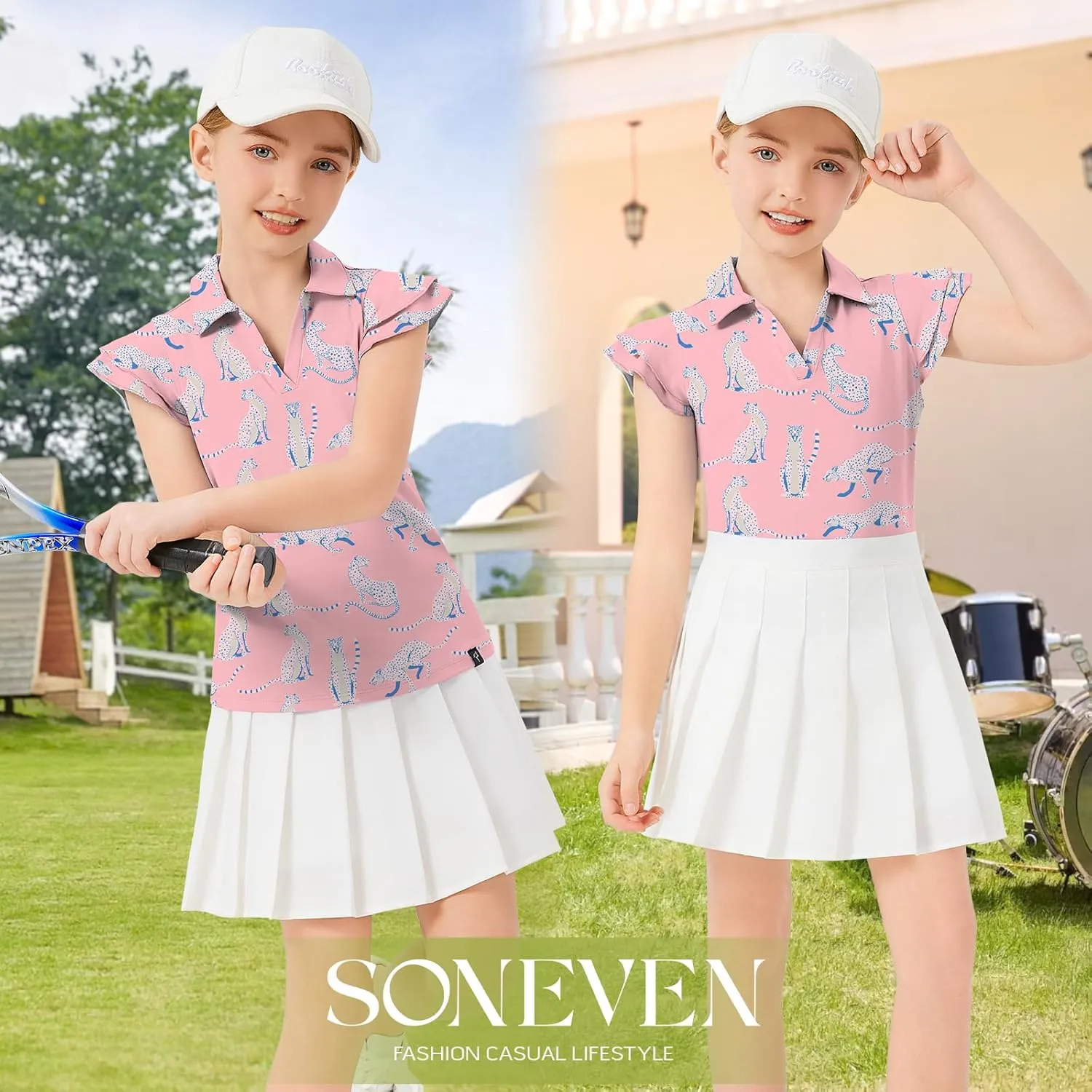 Soneven Girls Golf Polo Shirts V Neck Ruffle Sleeveless Tennis Shirts Lightweight Quick Dry Athletic Tank Tops