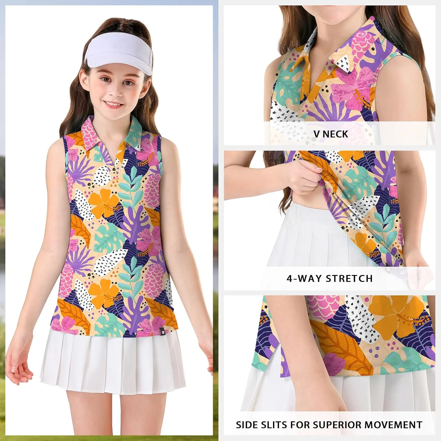 Soneven Girls' Sleeveless Polo Shirts V Neck Golf Tennis T-Shirts Collared Tank Tops for 5-14 Years