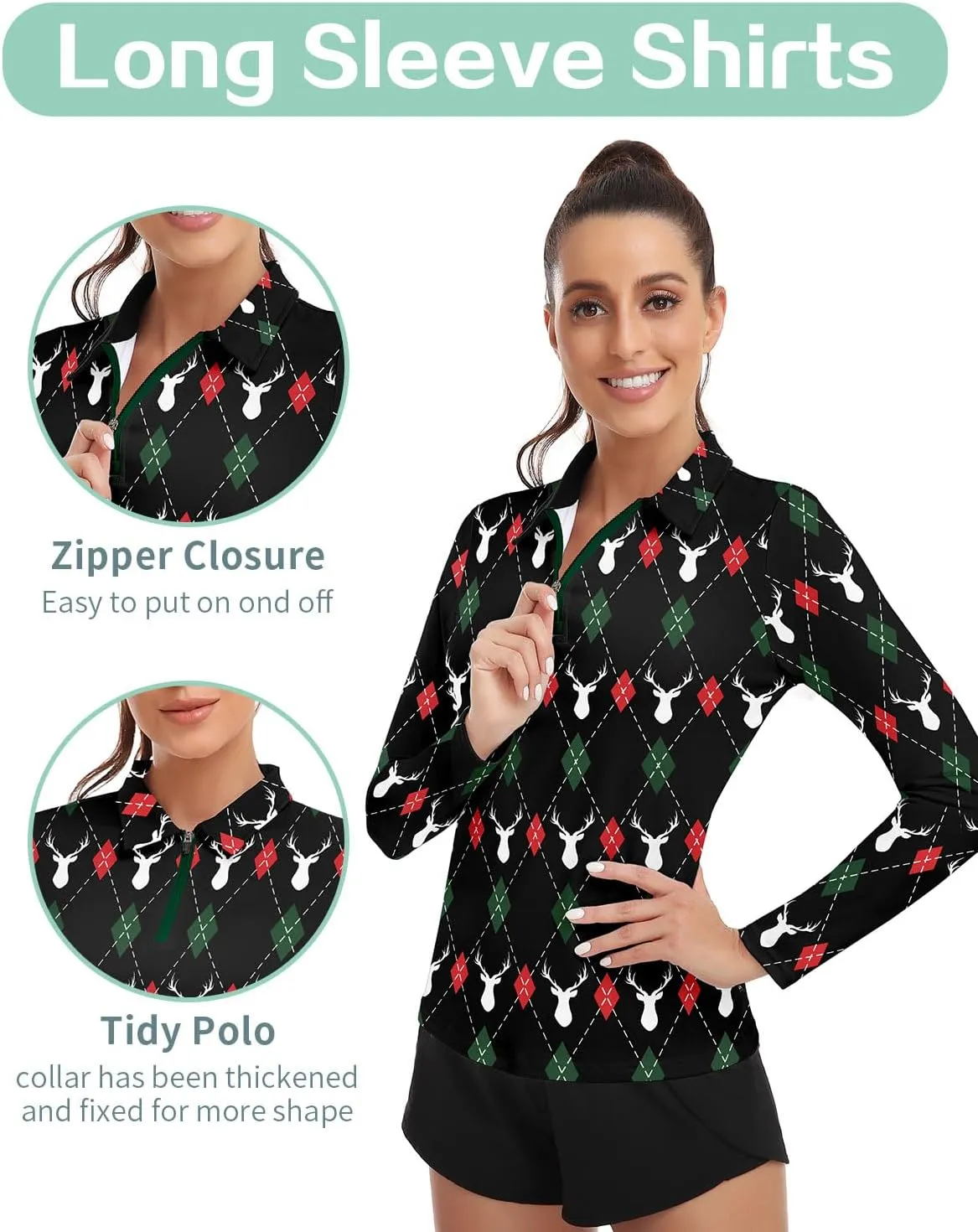 Soneven Womens Long Sleeve Golf Shirts Half Zip Moisture Wicking Print Golf Tops Tennis Shirts(XS-3XL)