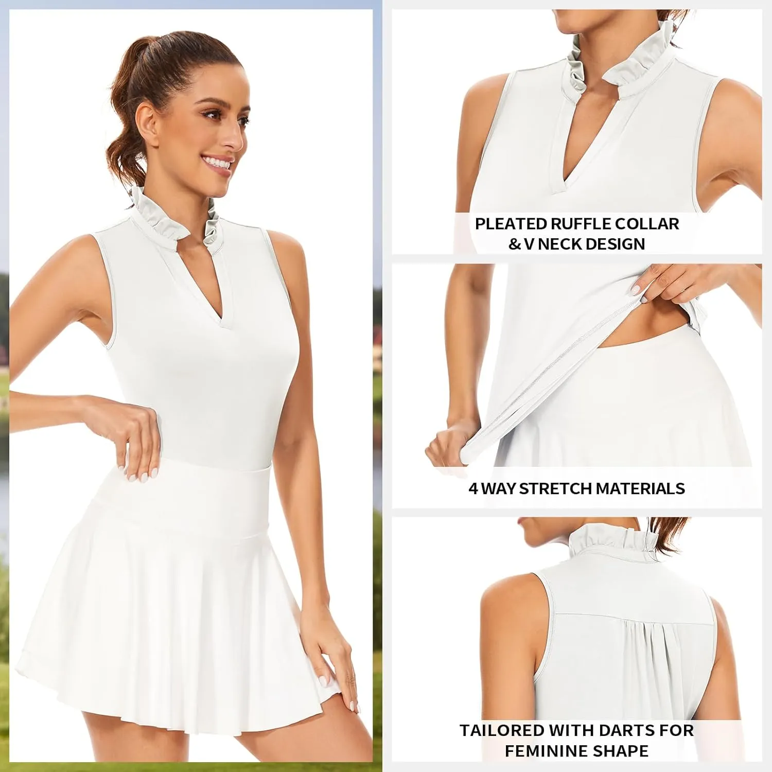 Soneven Womens Ruffle-Collar Polo Sleeveless Golf Shirt Moisture Wicking Tennis Tank Tops