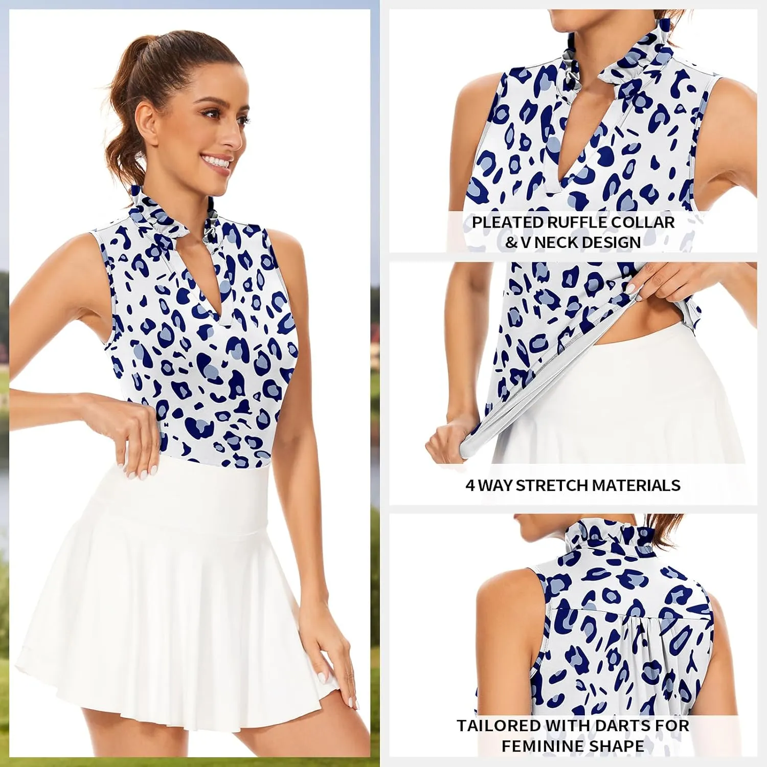 Soneven Womens Ruffle-Collar Polo Sleeveless Golf Shirt Moisture Wicking Tennis Tank Tops