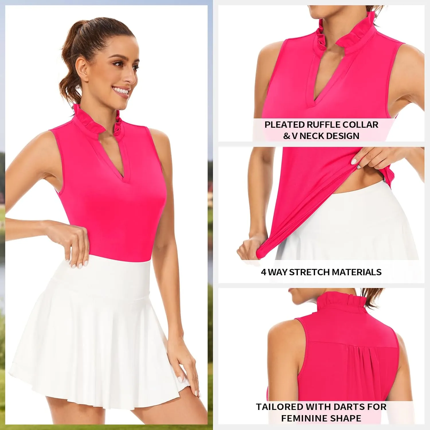 Soneven Womens Ruffle-Collar Polo Sleeveless Golf Shirt Moisture Wicking Tennis Tank Tops