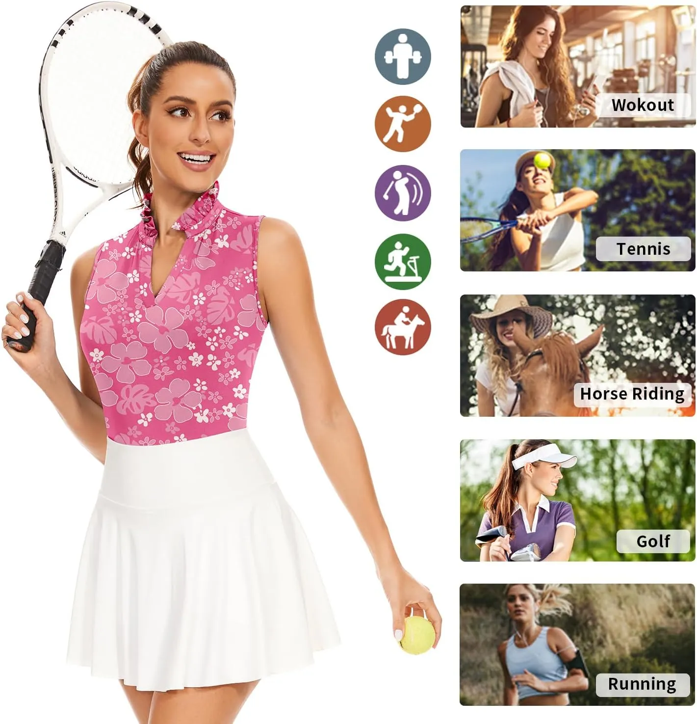 Soneven Womens Ruffle-Collar Polo Sleeveless Golf Shirt Moisture Wicking Tennis Tank Tops