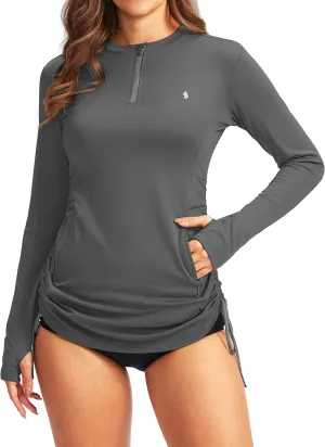 Soothfeel Women's Long Sleeve UV Sun Protection Rash Guard Shirts UPF 50  Swim Shirt Swimsuits Top for Women with Zip Pockets