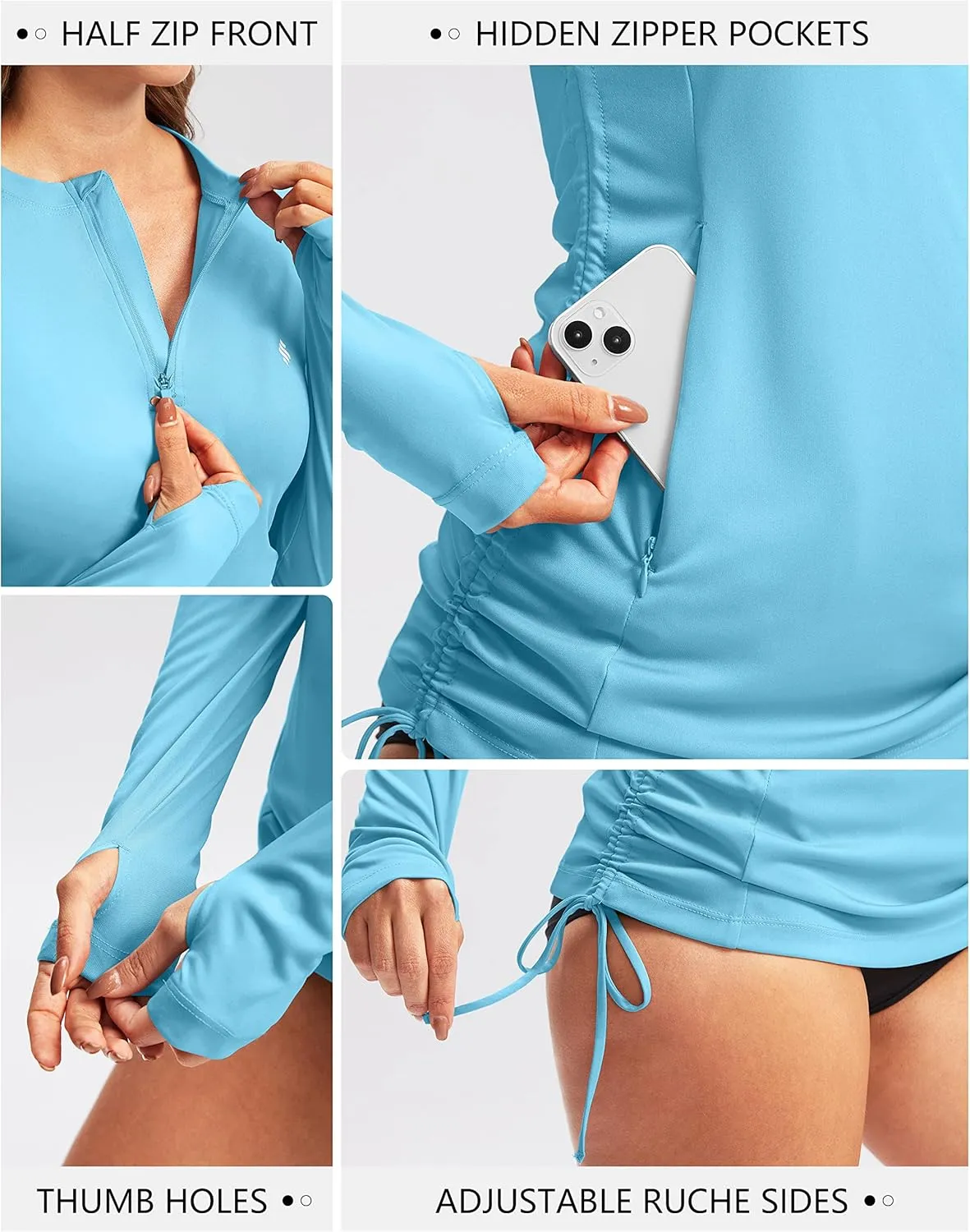 Soothfeel Women's Long Sleeve UV Sun Protection Rash Guard Shirts UPF 50  Swim Shirt Swimsuits Top for Women with Zip Pockets