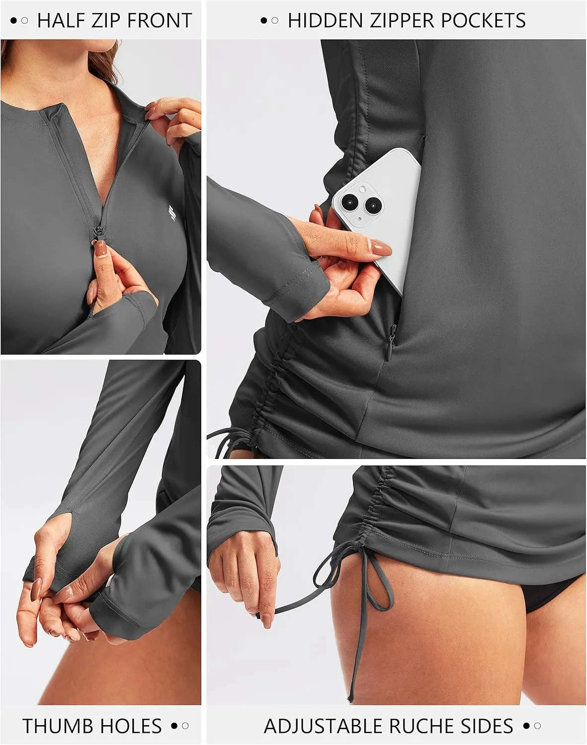 Soothfeel Women's Long Sleeve UV Sun Protection Rash Guard Shirts UPF 50  Swim Shirt Swimsuits Top for Women with Zip Pockets