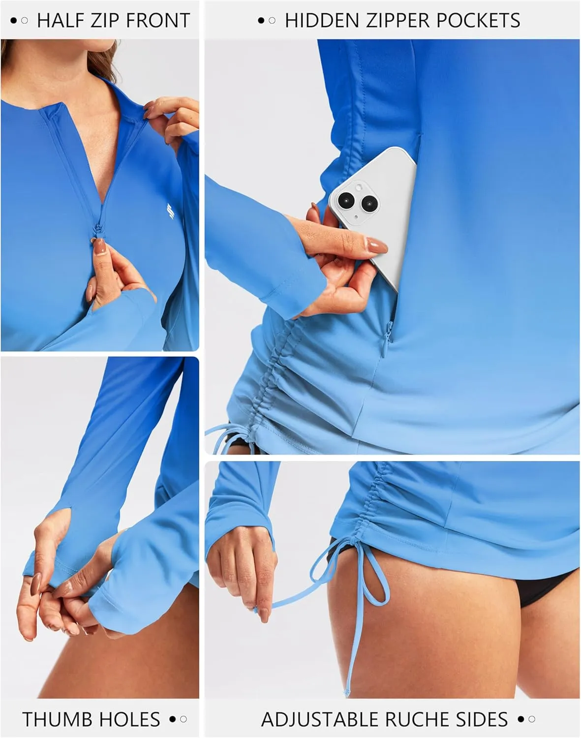 Soothfeel Women's Long Sleeve UV Sun Protection Rash Guard Shirts UPF 50  Swim Shirt Swimsuits Top for Women with Zip Pockets