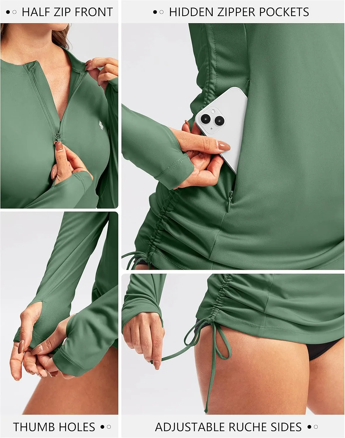 Soothfeel Women's Long Sleeve UV Sun Protection Rash Guard Shirts UPF 50  Swim Shirt Swimsuits Top for Women with Zip Pockets