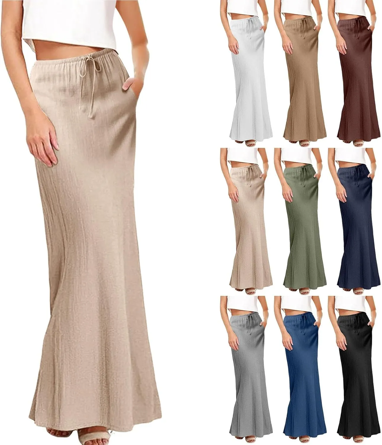 Spring Skirts for Women 2025 Linen Cotton Summer Casual Drawstring Waist A Line Skirts Women Boho Long Flowy Skirt