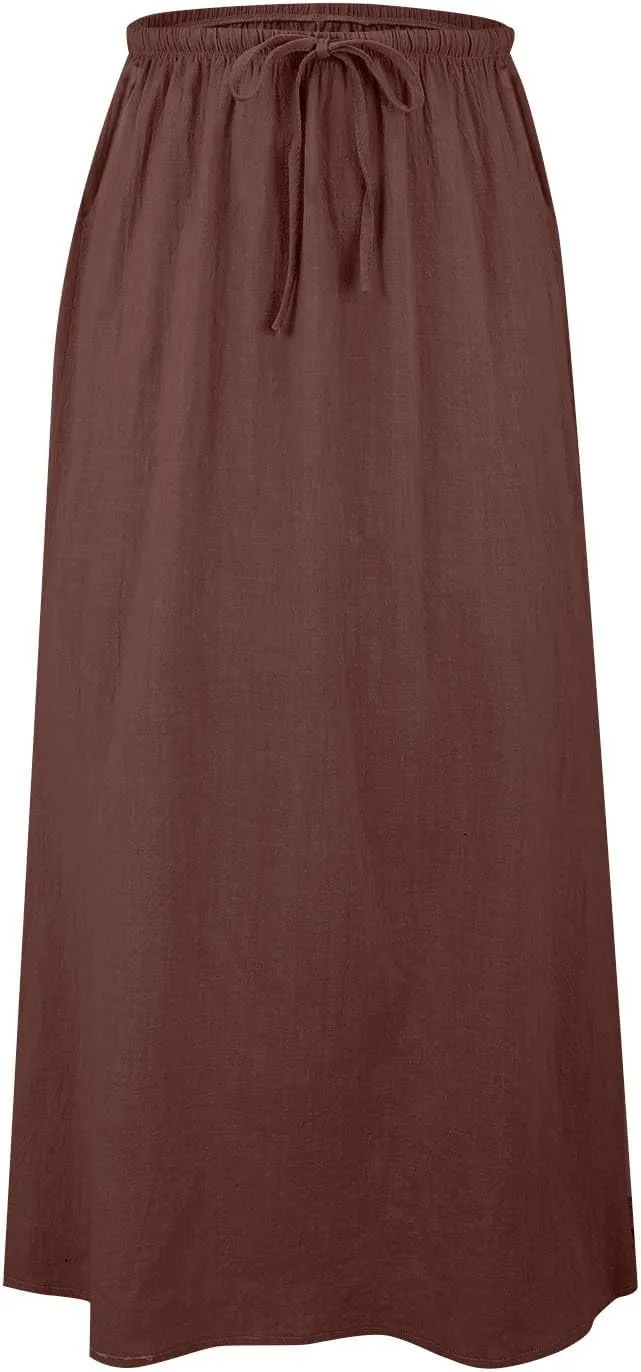 Spring Skirts for Women 2025 Linen Cotton Summer Casual Drawstring Waist A Line Skirts Women Boho Long Flowy Skirt