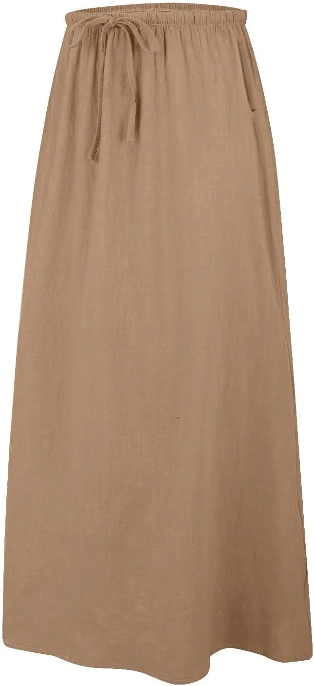 Spring Skirts for Women 2025 Linen Cotton Summer Casual Drawstring Waist A Line Skirts Women Boho Long Flowy Skirt