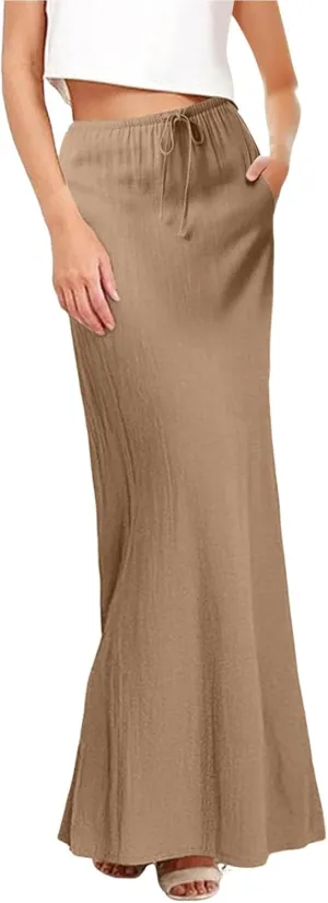 Spring Skirts for Women 2025 Linen Cotton Summer Casual Drawstring Waist A Line Skirts Women Boho Long Flowy Skirt