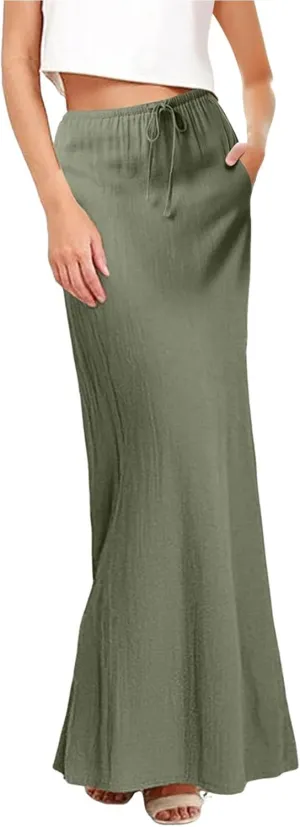 Spring Skirts for Women 2025 Linen Cotton Summer Casual Drawstring Waist A Line Skirts Women Boho Long Flowy Skirt