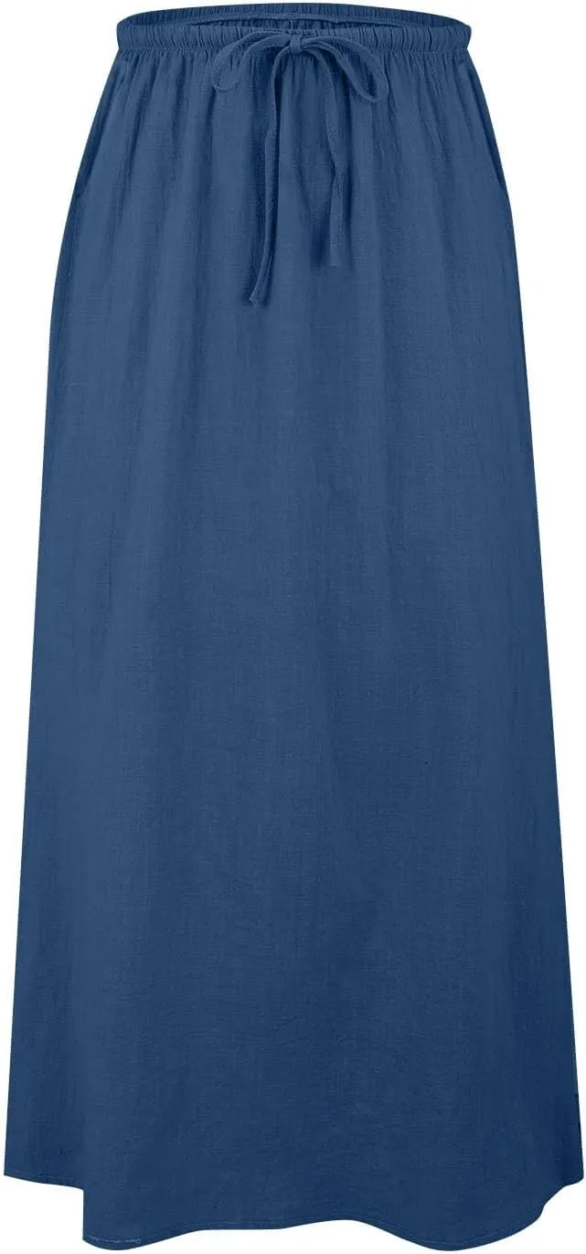 Spring Skirts for Women 2025 Linen Cotton Summer Casual Drawstring Waist A Line Skirts Women Boho Long Flowy Skirt