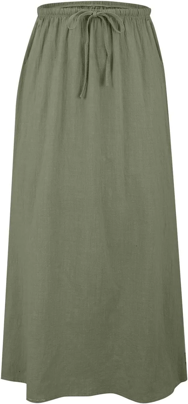 Spring Skirts for Women 2025 Linen Cotton Summer Casual Drawstring Waist A Line Skirts Women Boho Long Flowy Skirt