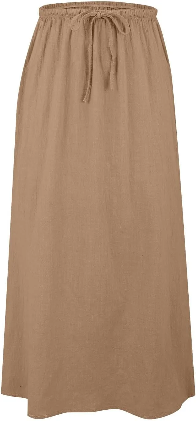 Spring Skirts for Women 2025 Linen Cotton Summer Casual Drawstring Waist A Line Skirts Women Boho Long Flowy Skirt