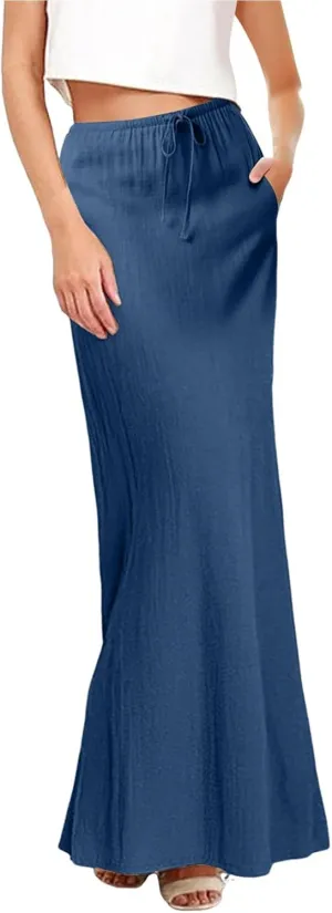 Spring Skirts for Women 2025 Linen Cotton Summer Casual Drawstring Waist A Line Skirts Women Boho Long Flowy Skirt