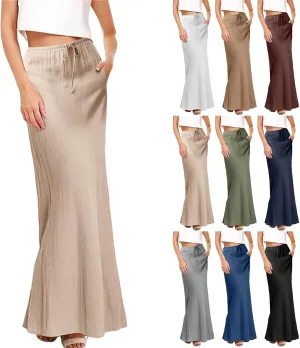 Spring Skirts for Women 2025 Linen Cotton Summer Casual Drawstring Waist A Line Skirts Women Boho Long Flowy Skirt