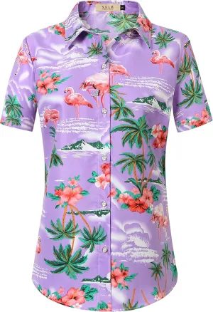 SSLR Hawaiian Shirts for Women Flamingo Shirt Tropical Shirts for Women Summer Casual Short Sleeve