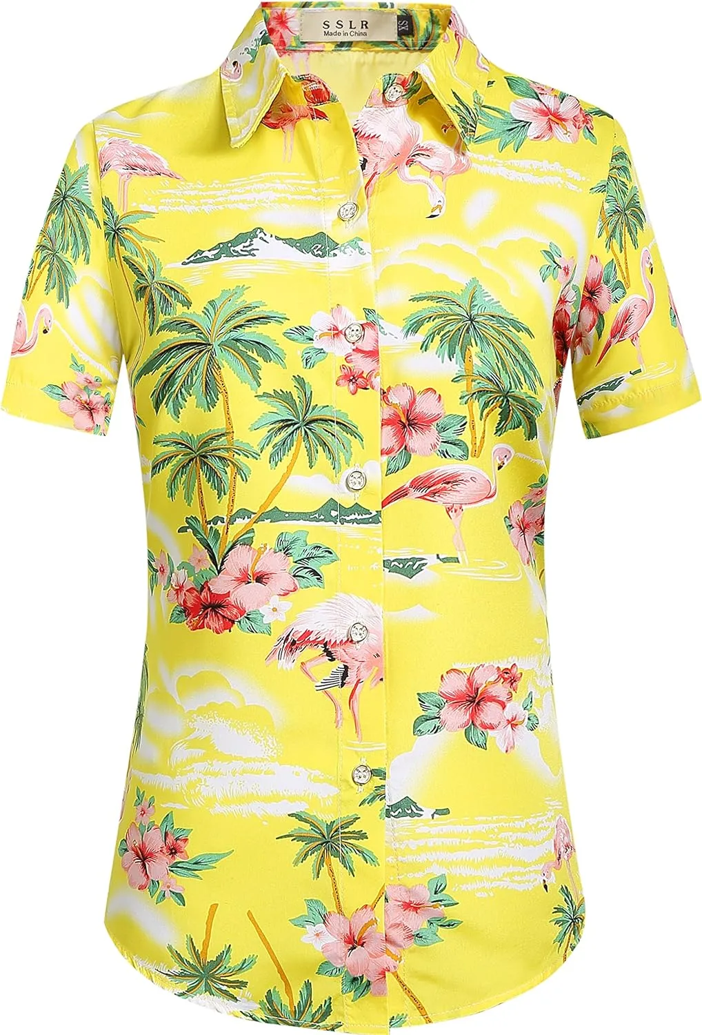 SSLR Hawaiian Shirts for Women Flamingo Shirt Tropical Shirts for Women Summer Casual Short Sleeve