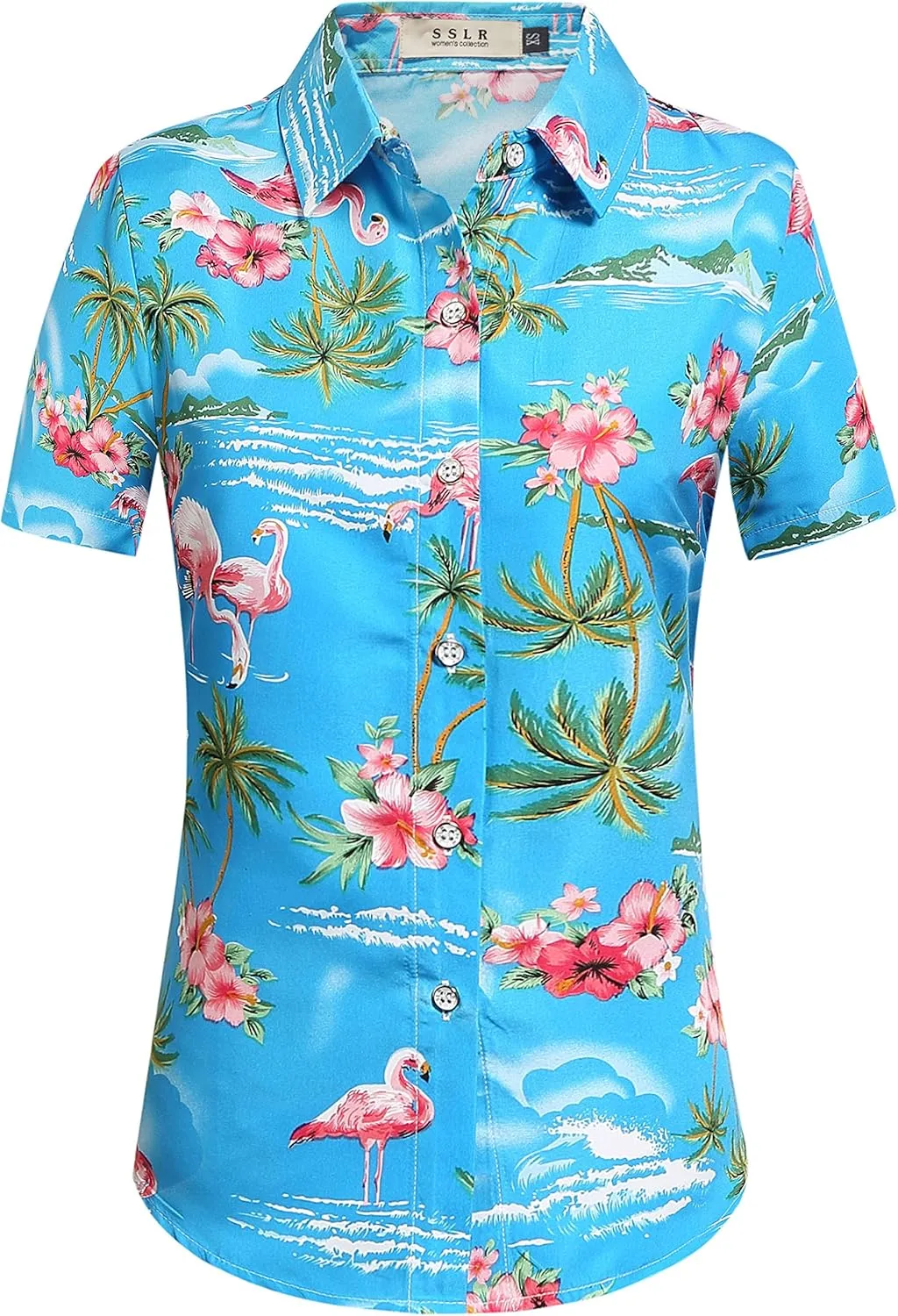 SSLR Hawaiian Shirts for Women Flamingo Shirt Tropical Shirts for Women Summer Casual Short Sleeve