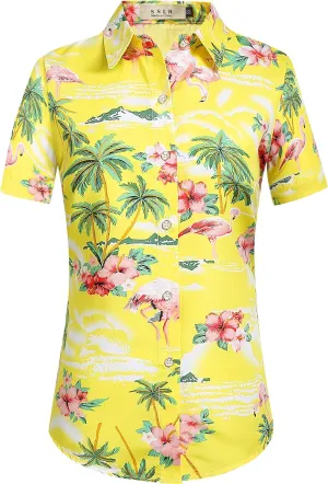 SSLR Hawaiian Shirts for Women Flamingo Shirt Tropical Shirts for Women Summer Casual Short Sleeve