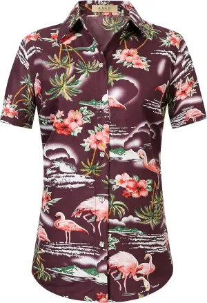 SSLR Hawaiian Shirts for Women Flamingo Shirt Tropical Shirts for Women Summer Casual Short Sleeve