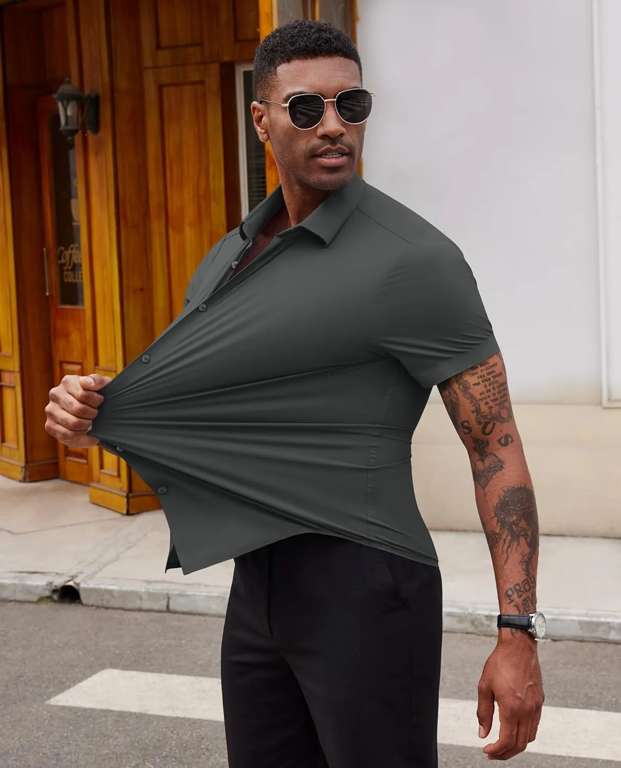 Stretch Dress Shirts for Men Short Sleeve Slim Fit Casual Button Down Shirts Muscle Fit Men's Dress Shirts