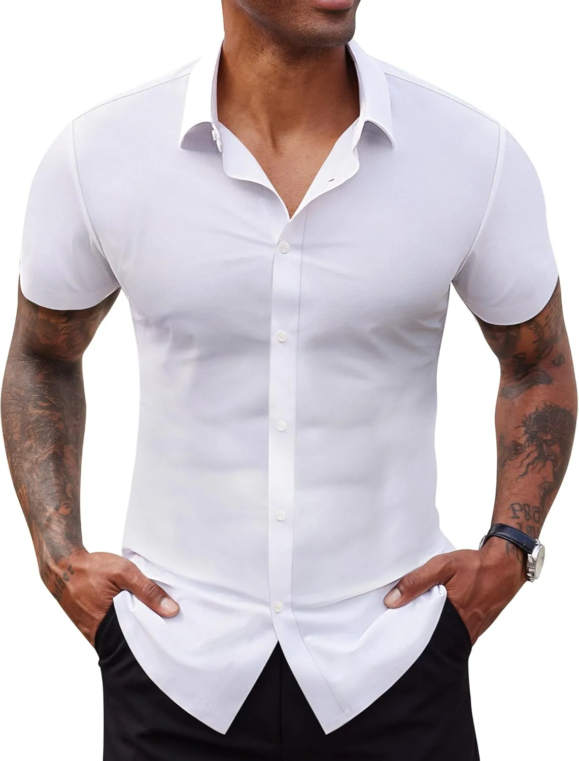 Stretch Dress Shirts for Men Short Sleeve Slim Fit Casual Button Down Shirts Muscle Fit Men's Dress Shirts