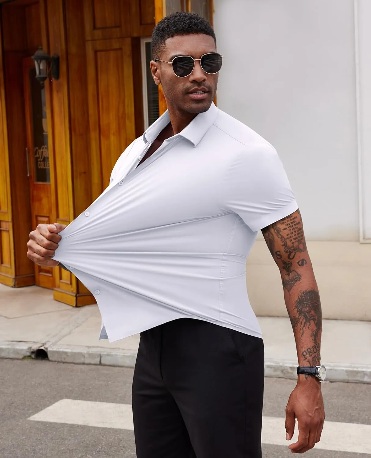 Stretch Dress Shirts for Men Short Sleeve Slim Fit Casual Button Down Shirts Muscle Fit Men's Dress Shirts