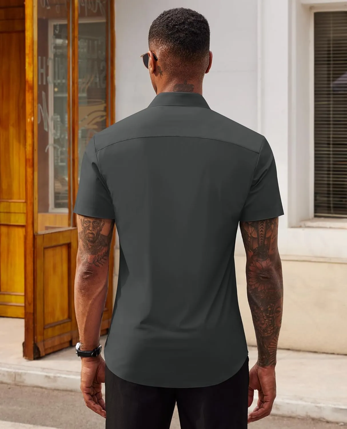 Stretch Dress Shirts for Men Short Sleeve Slim Fit Casual Button Down Shirts Muscle Fit Men's Dress Shirts