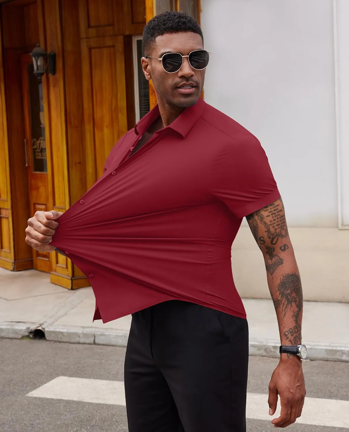 Stretch Dress Shirts for Men Short Sleeve Slim Fit Casual Button Down Shirts Muscle Fit Men's Dress Shirts