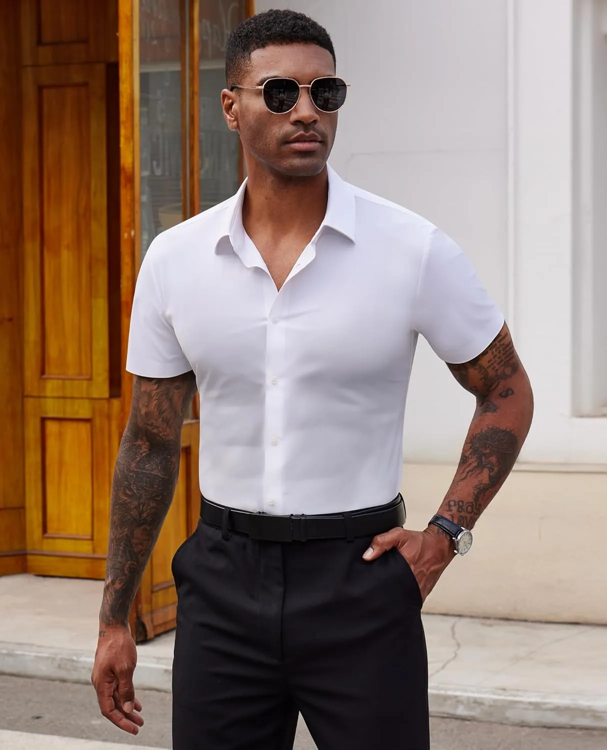Stretch Dress Shirts for Men Short Sleeve Slim Fit Casual Button Down Shirts Muscle Fit Men's Dress Shirts