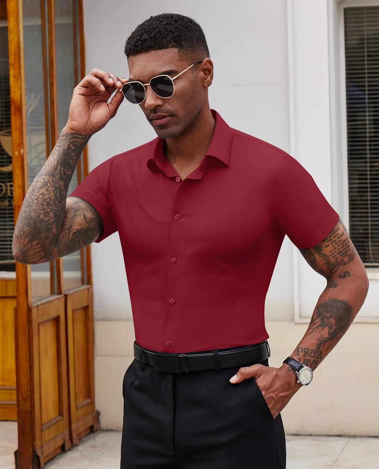 Stretch Dress Shirts for Men Short Sleeve Slim Fit Casual Button Down Shirts Muscle Fit Men's Dress Shirts