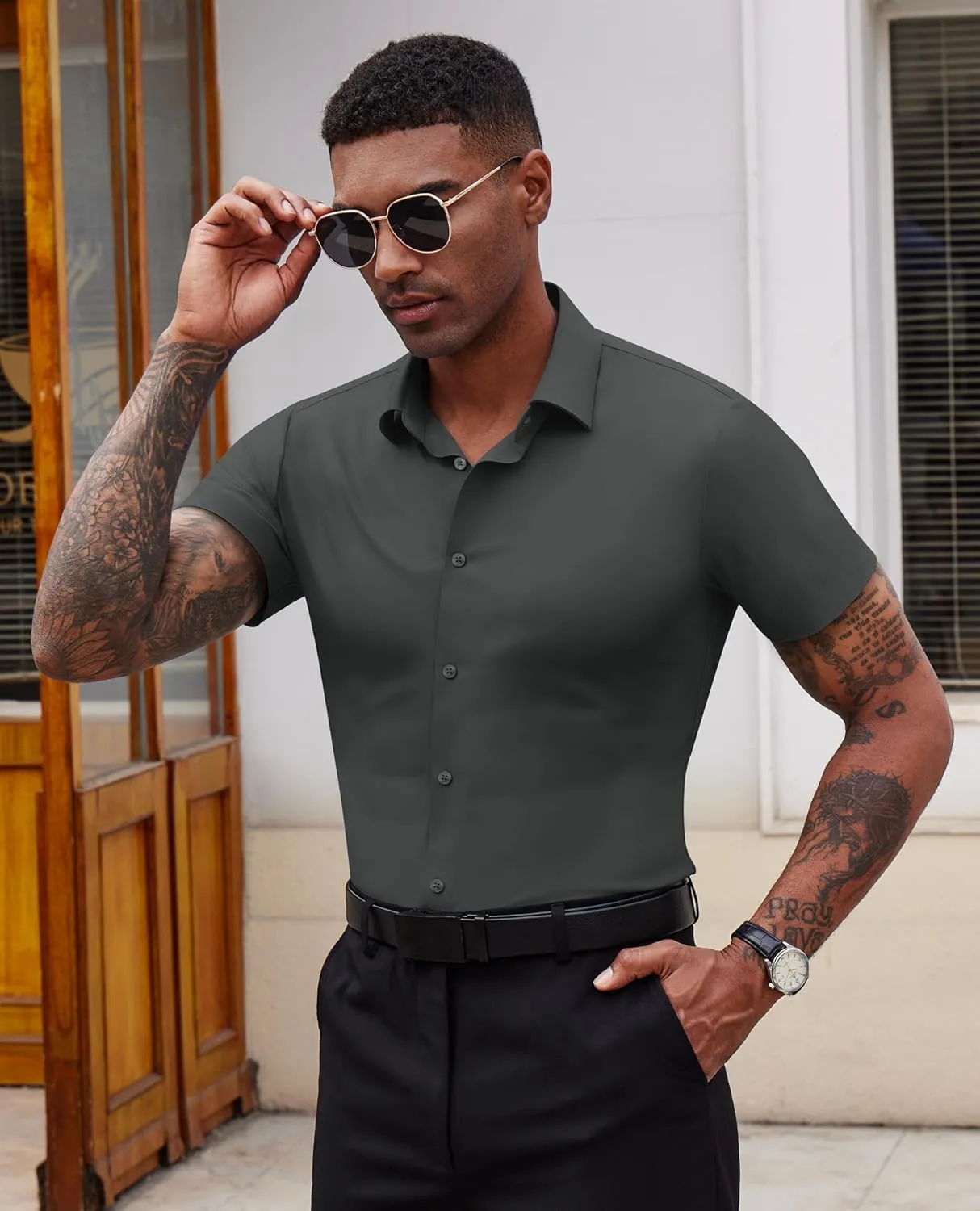 Stretch Dress Shirts for Men Short Sleeve Slim Fit Casual Button Down Shirts Muscle Fit Men's Dress Shirts