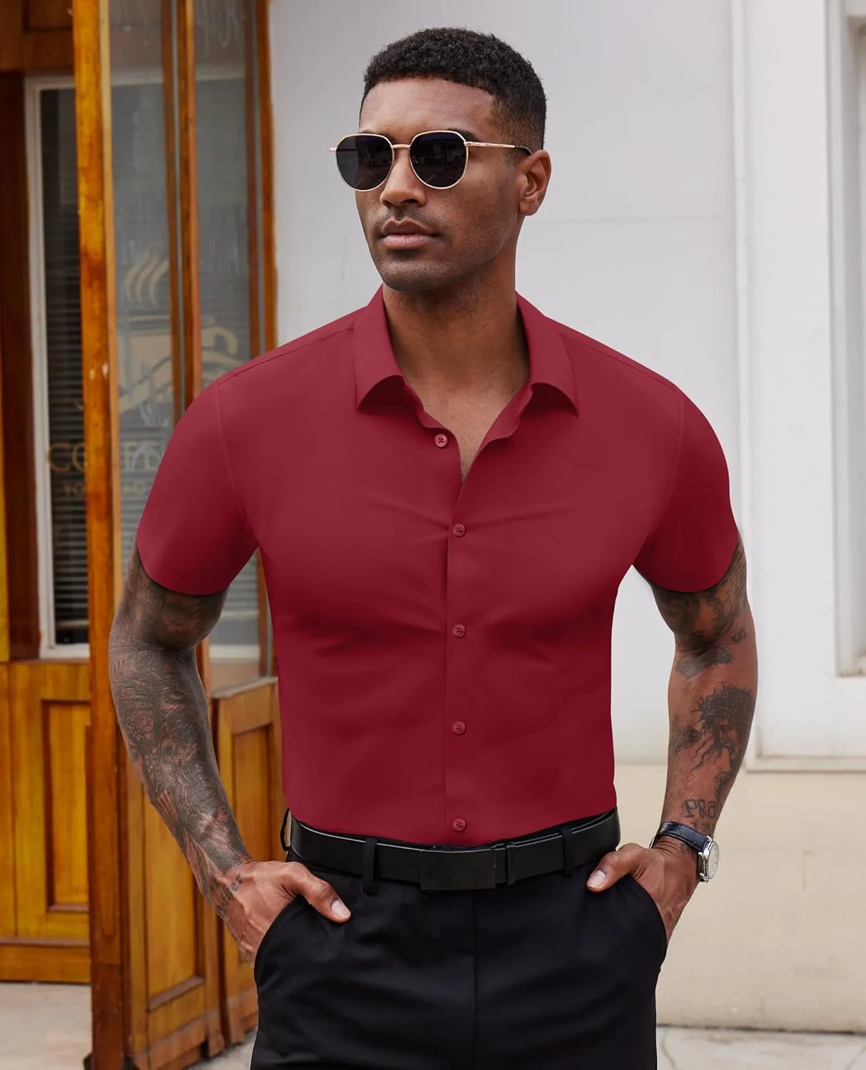 Stretch Dress Shirts for Men Short Sleeve Slim Fit Casual Button Down Shirts Muscle Fit Men's Dress Shirts