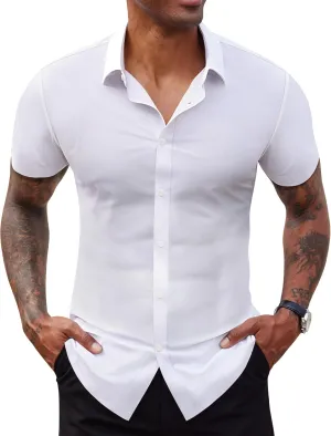 Stretch Dress Shirts for Men Short Sleeve Slim Fit Casual Button Down Shirts Muscle Fit Men's Dress Shirts