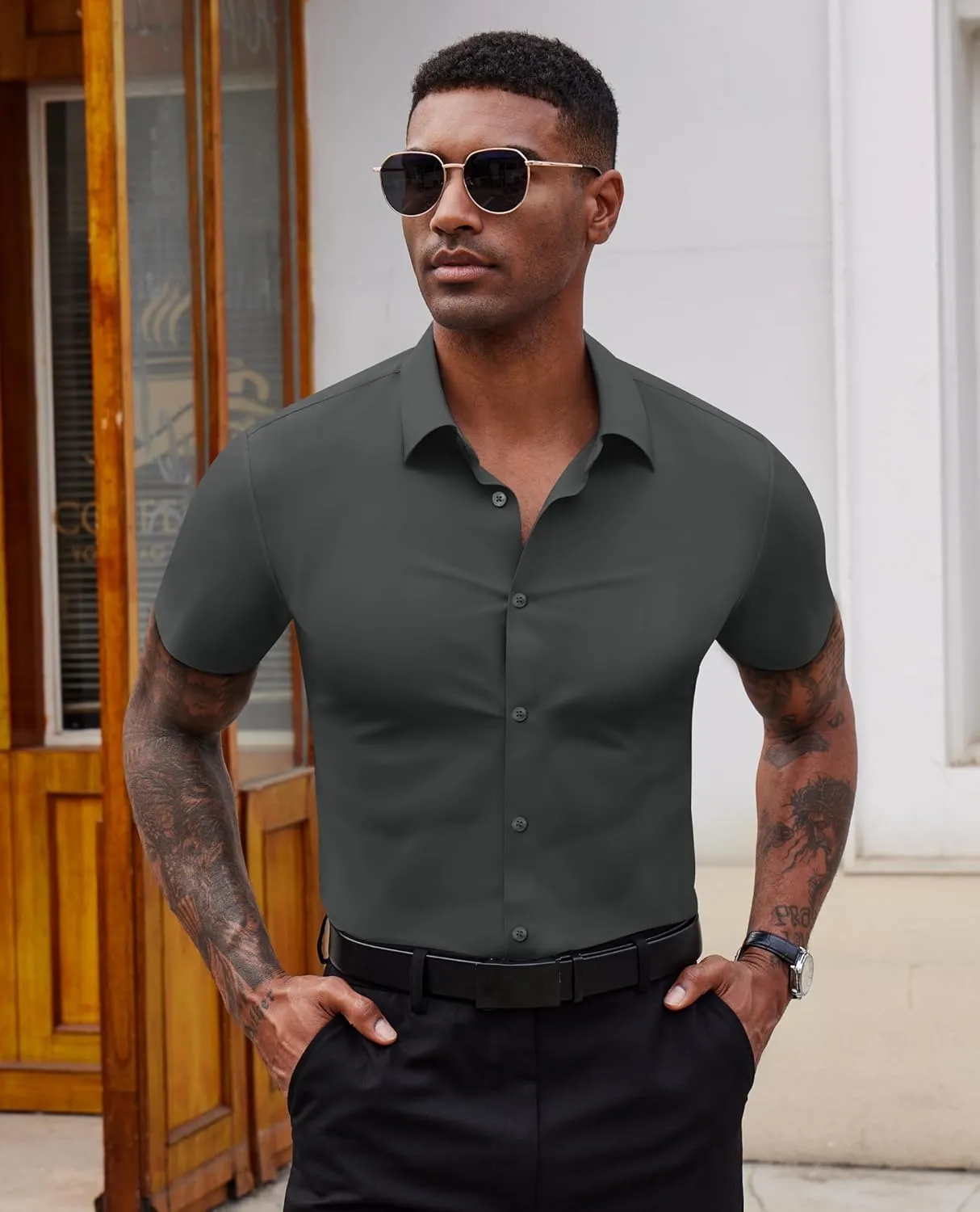 Stretch Dress Shirts for Men Short Sleeve Slim Fit Casual Button Down Shirts Muscle Fit Men's Dress Shirts
