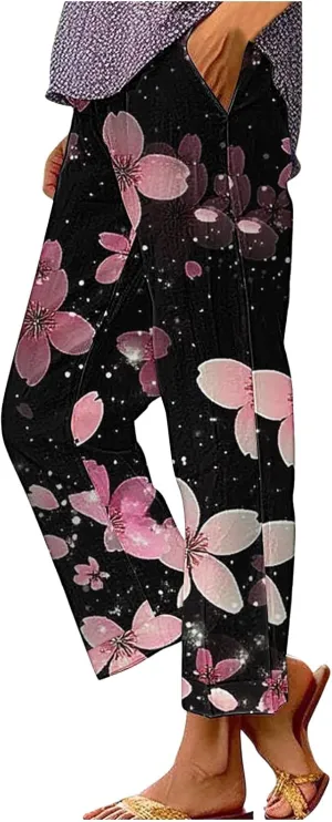 Summer Linen Pants for Women High Waisted Boho Print Wide Leg Pant Casual Loose Palazzo Trousers with Pocket