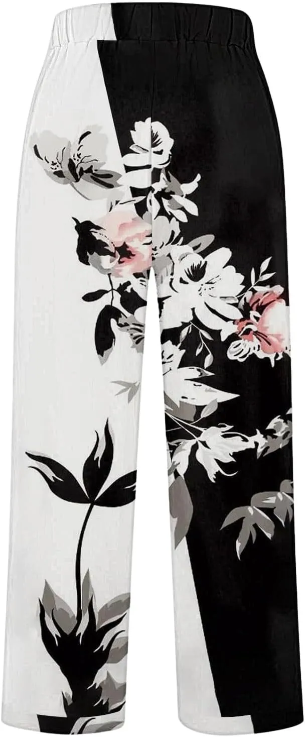 Summer Linen Pants for Women High Waisted Boho Print Wide Leg Pant Casual Loose Palazzo Trousers with Pocket
