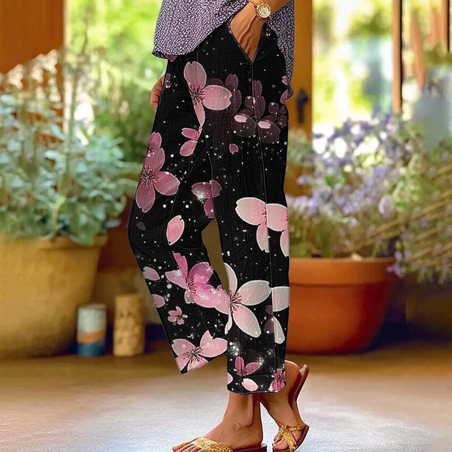 Summer Linen Pants for Women High Waisted Boho Print Wide Leg Pant Casual Loose Palazzo Trousers with Pocket