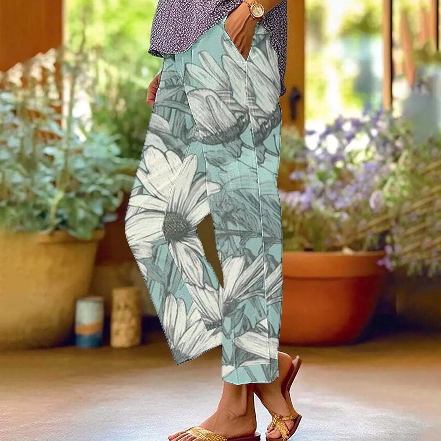 Summer Linen Pants for Women High Waisted Boho Print Wide Leg Pant Casual Loose Palazzo Trousers with Pocket