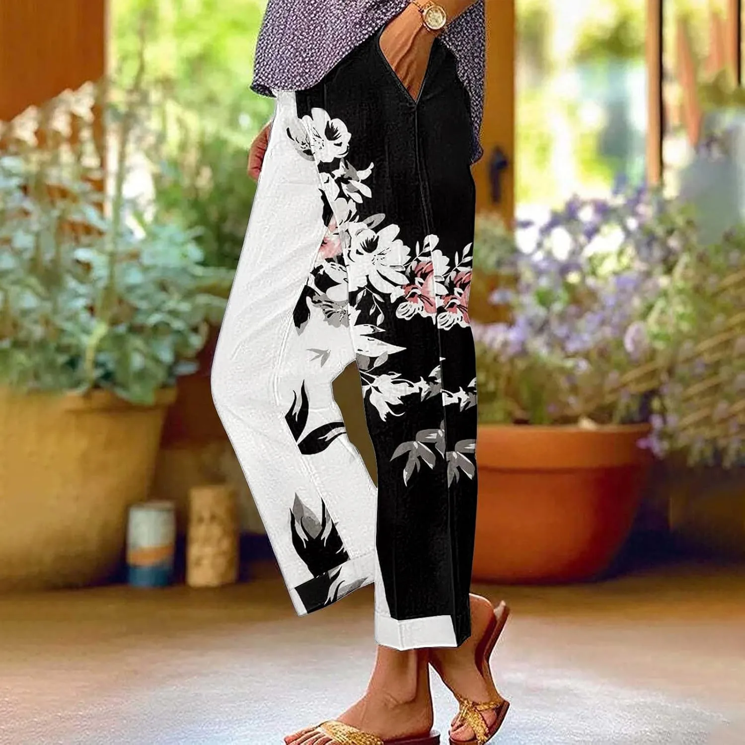 Summer Linen Pants for Women High Waisted Boho Print Wide Leg Pant Casual Loose Palazzo Trousers with Pocket
