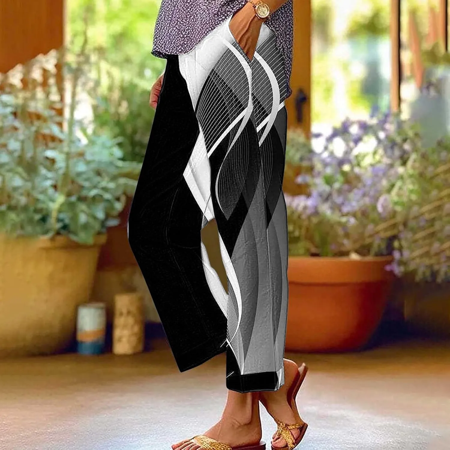 Summer Linen Pants for Women High Waisted Boho Print Wide Leg Pant Casual Loose Palazzo Trousers with Pocket