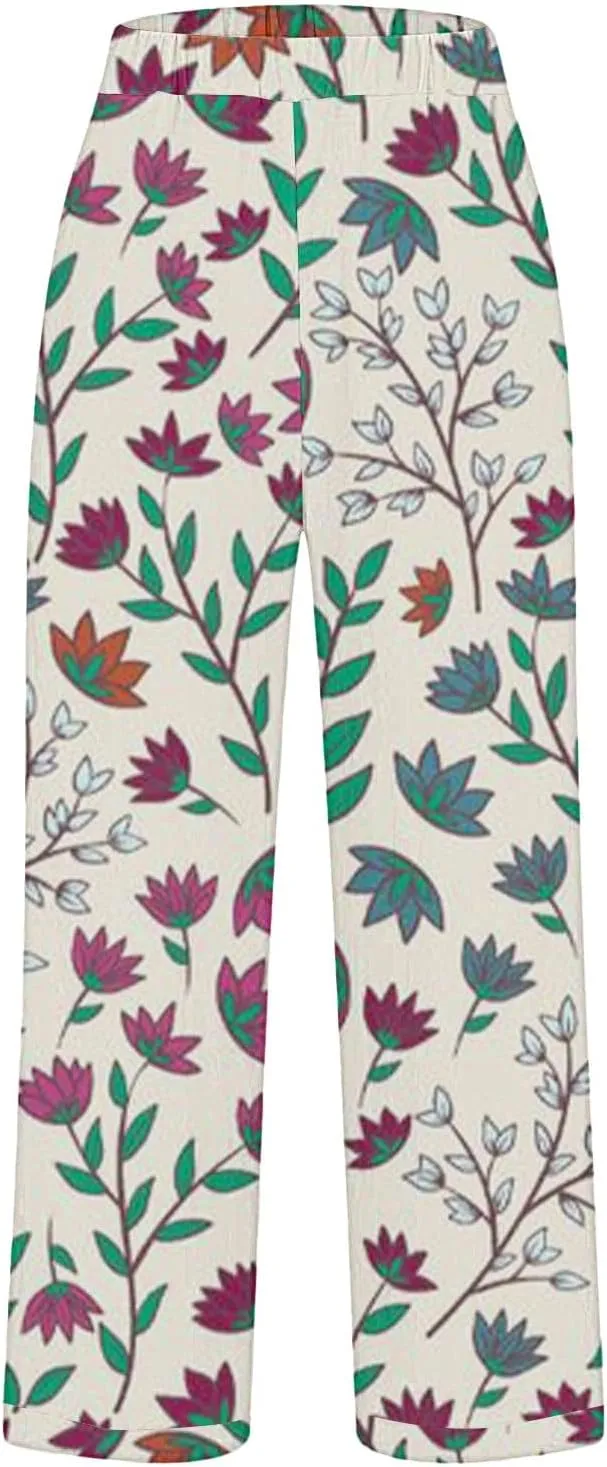 Summer Linen Pants for Women High Waisted Boho Print Wide Leg Pant Casual Loose Palazzo Trousers with Pocket