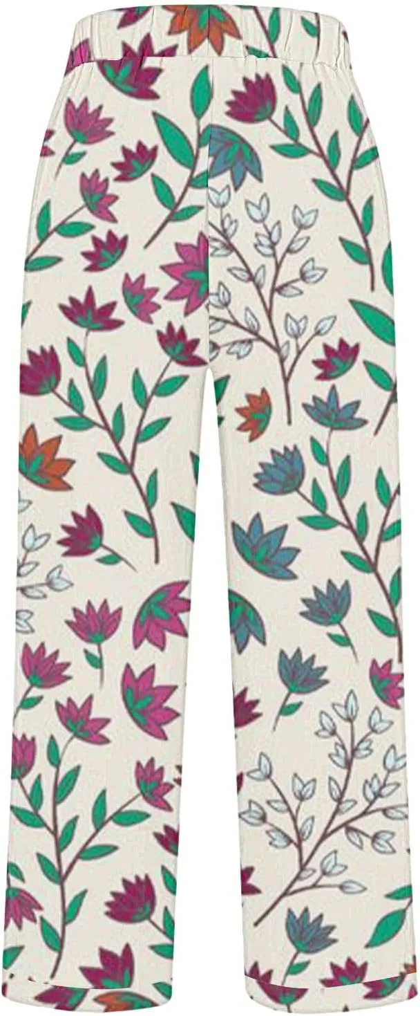 Summer Linen Pants for Women High Waisted Boho Print Wide Leg Pant Casual Loose Palazzo Trousers with Pocket