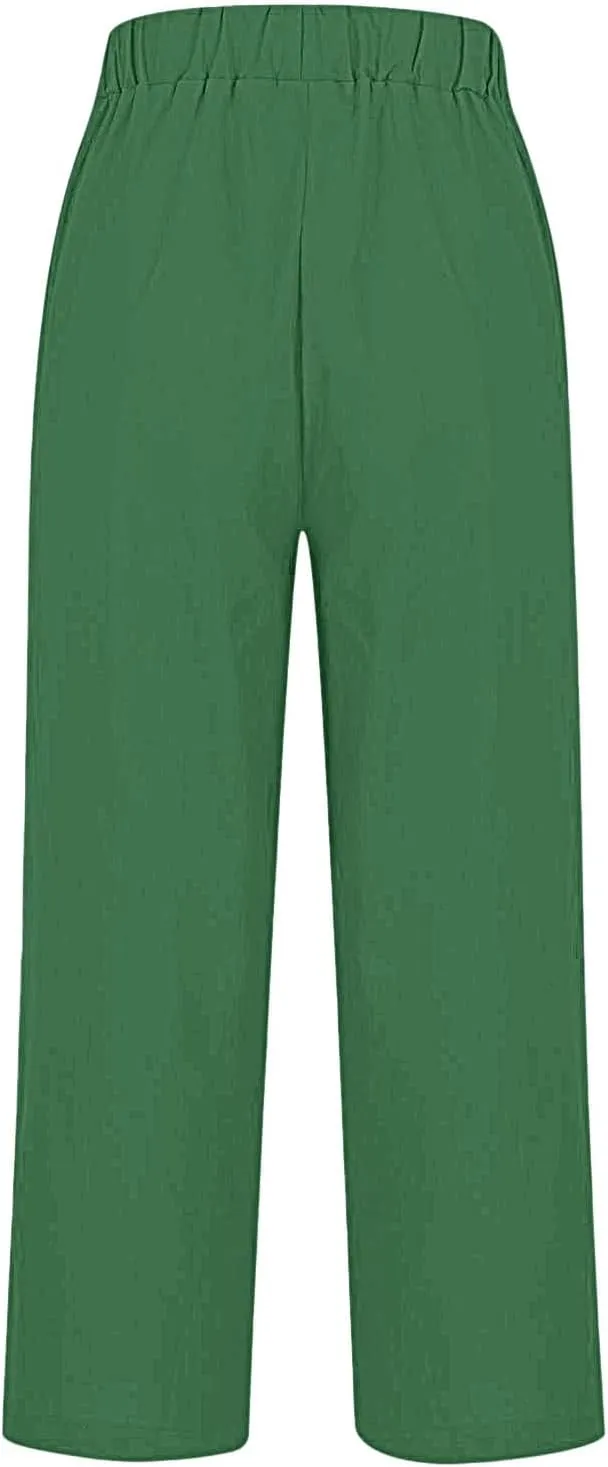 Summer Linen Pants for Women High Waisted Boho Print Wide Leg Pant Casual Loose Palazzo Trousers with Pocket