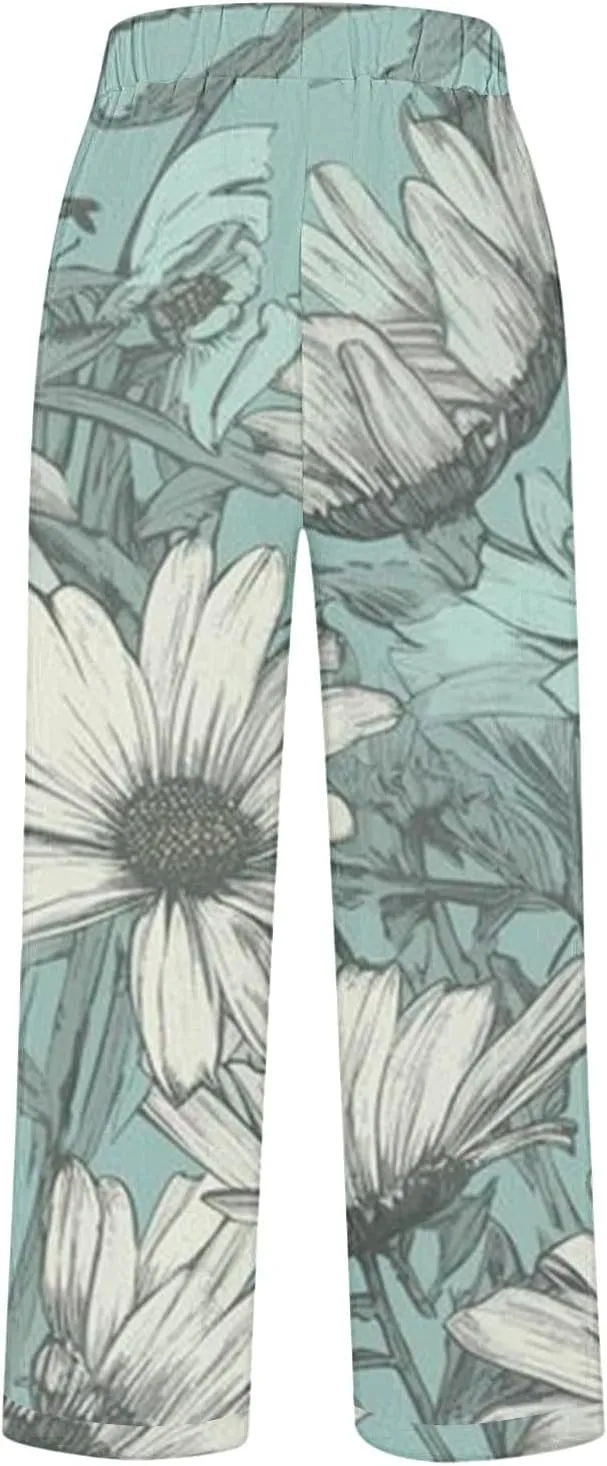 Summer Linen Pants for Women High Waisted Boho Print Wide Leg Pant Casual Loose Palazzo Trousers with Pocket
